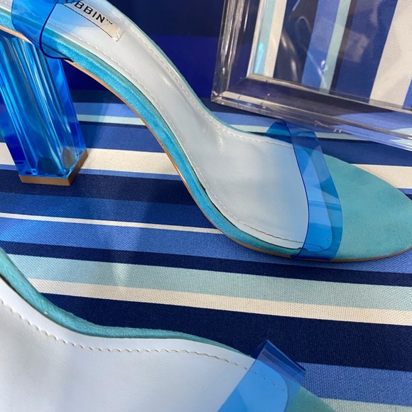 Fashion nova neon blue clear ankle strap square high heel sandals Sz 10 - Picture 11 of 15